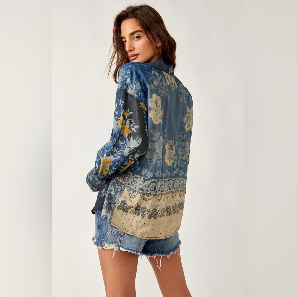Free People Flower Patch Floral Button Down Top in Indigo Combo - Picture 2 of 6